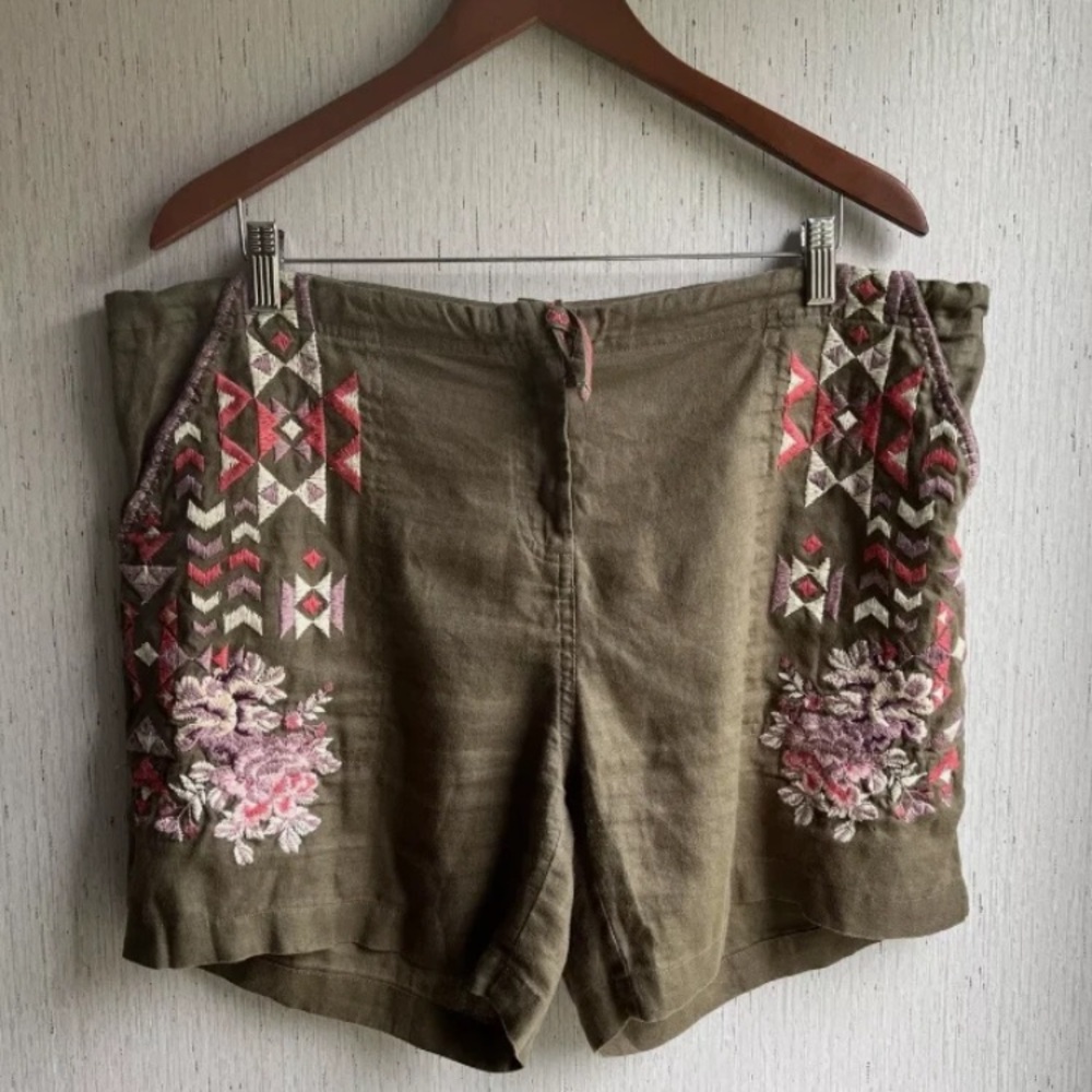 DRIFTWOOD Trevor Shorts Women large Green Hippie Boho Floral Linen Free People